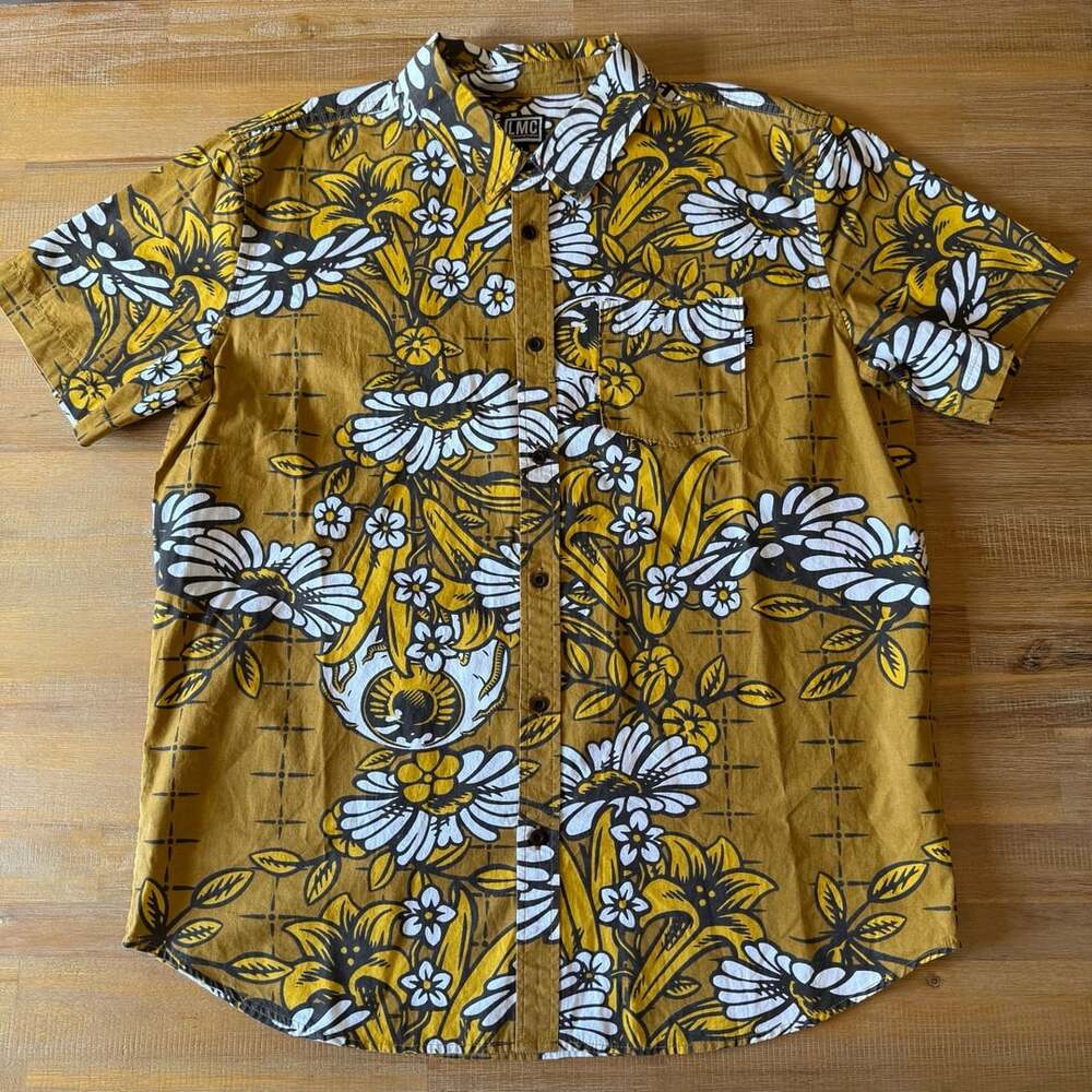 Loser Machine Mustard Yellow Floral Eye Button Up Shirt Size L